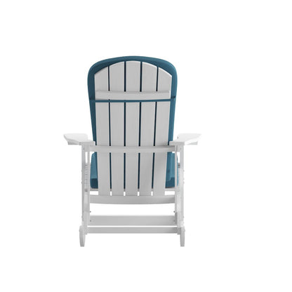 Set of 2 Adirondack Rocking Chairs in White with Teal Cushions, Porch, and Patio