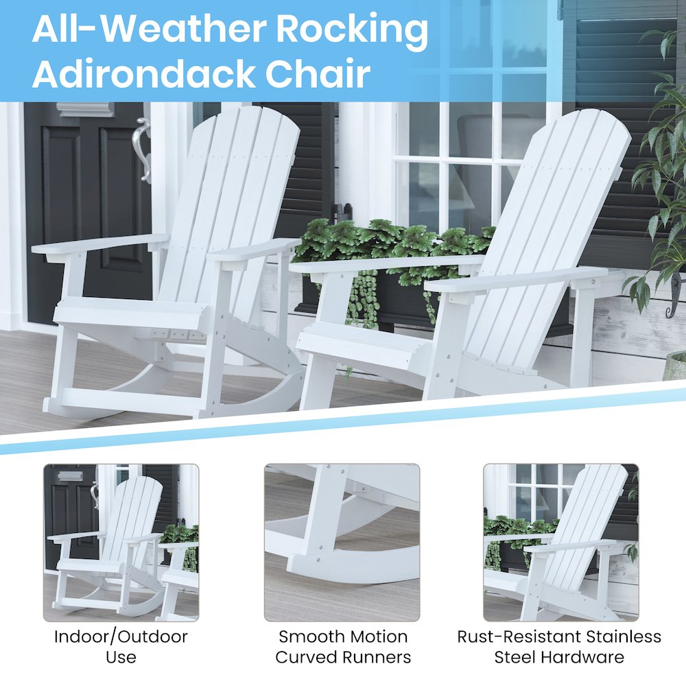 Set of 2 Adirondack Rocking Chairs in White with Teal Cushions, Porch, and Patio