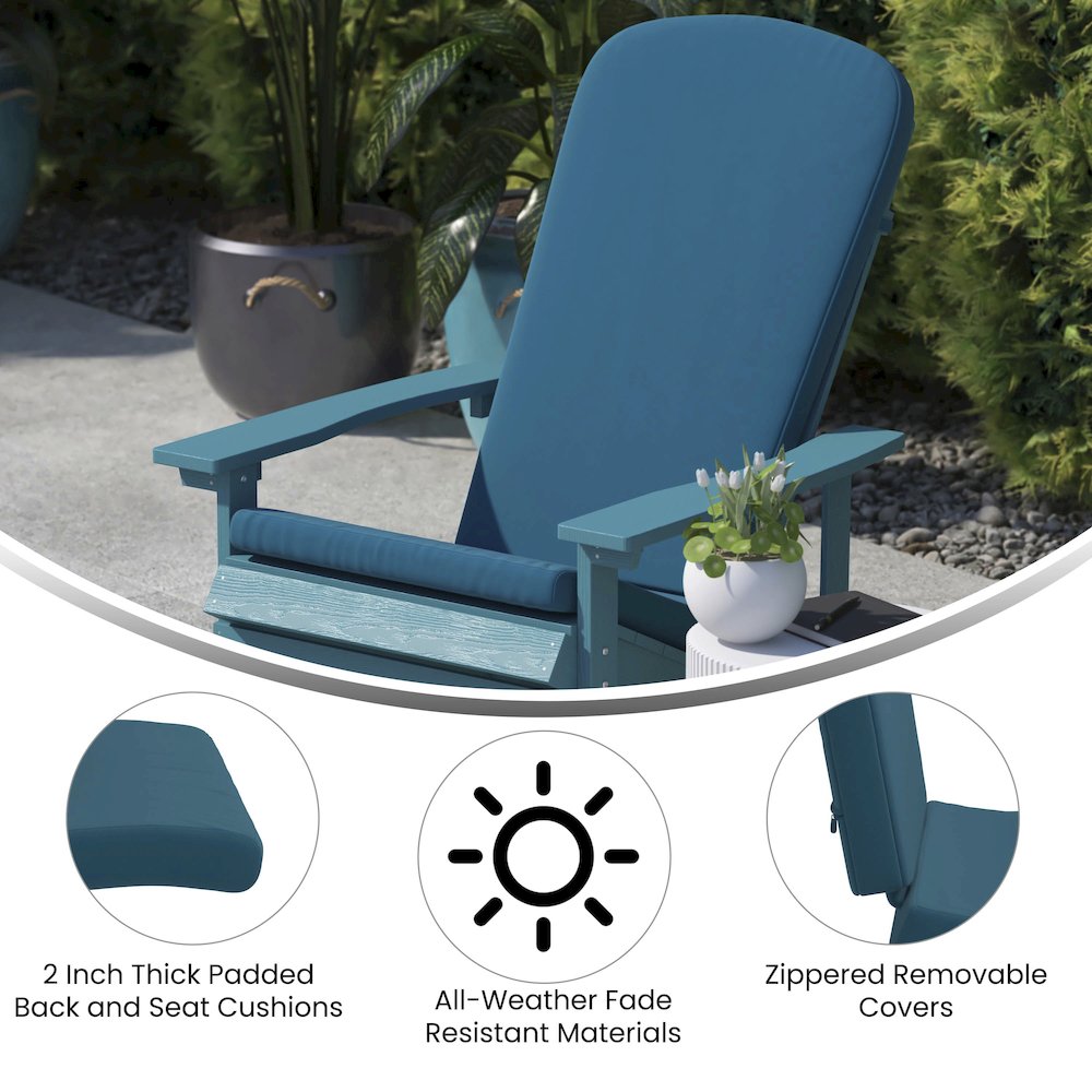 Set of 2 Adirondack Rocking Chairs in White with Teal Cushions, Porch, and Patio