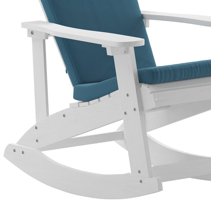 Set of 2 Adirondack Rocking Chairs in White with Teal Cushions, Porch, and Patio