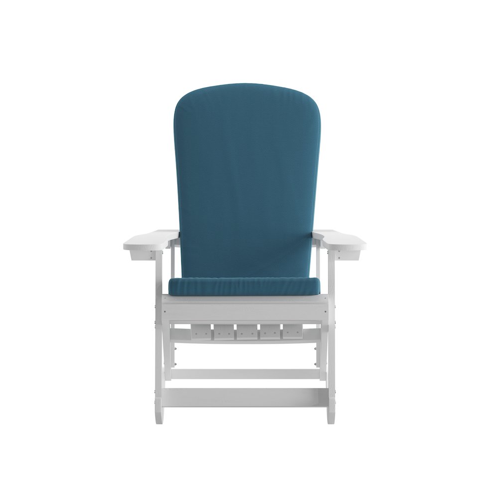 Set of 2 Adirondack Rocking Chairs in White with Teal Cushions, Porch, and Patio
