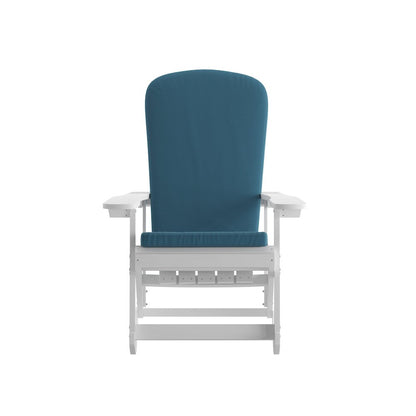 Set of 2 Adirondack Rocking Chairs in White with Teal Cushions, Porch, and Patio