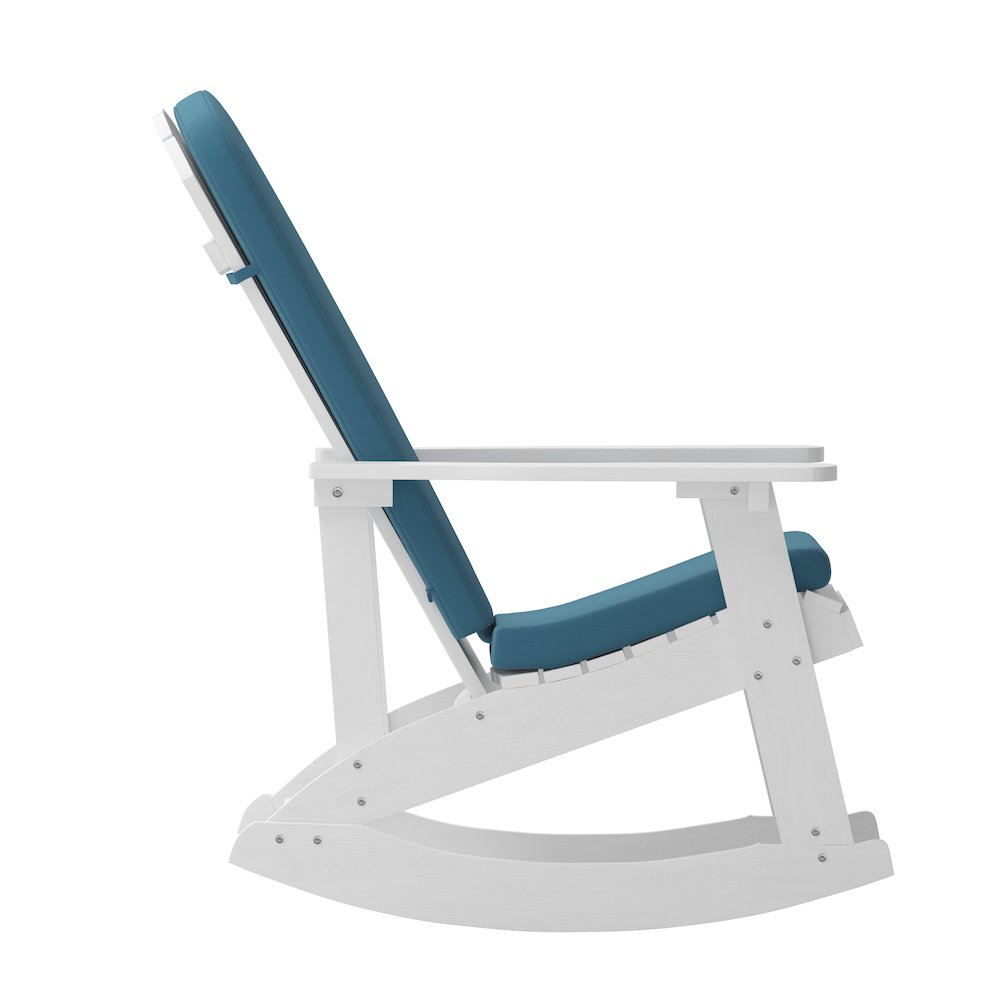 Set of 2 Adirondack Rocking Chairs in White with Teal Cushions, Porch, and Patio