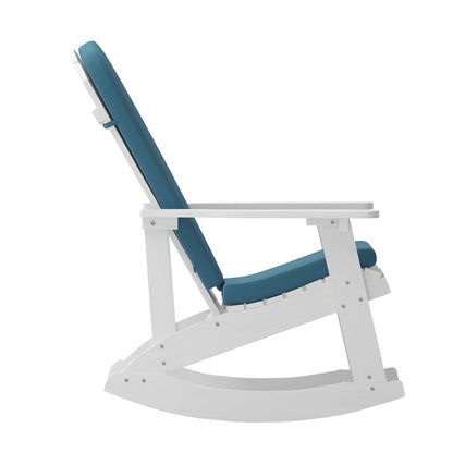 Set of 2 Adirondack Rocking Chairs in White with Teal Cushions, Porch, and Patio