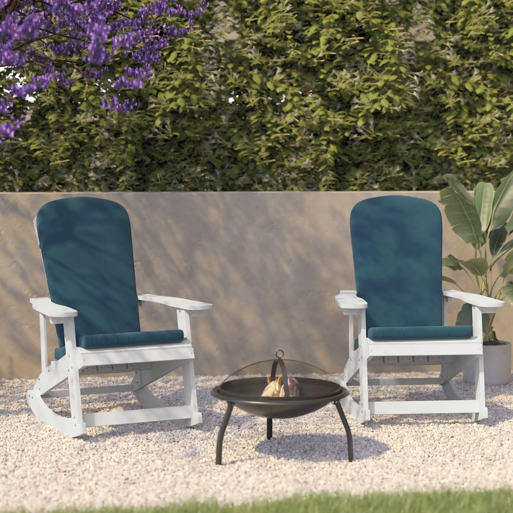 Set of 2 Adirondack Rocking Chairs in White with Teal Cushions, Porch, and Patio