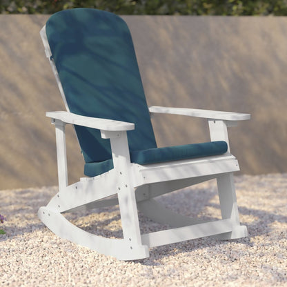 Set of 2 Adirondack Rocking Chairs in White with Teal Cushions, Porch, and Patio