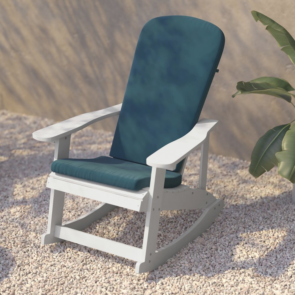 Set of 2 Adirondack Rocking Chairs in White with Teal Cushions, Porch, and Patio