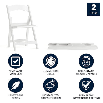Folding Chair - White Resin - 2 Pack 800LB Weight Capacity