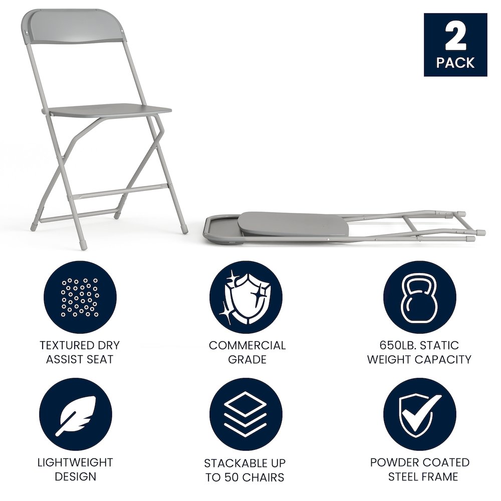 Plastic Folding Chair Grey - 2 Pack 650LB Weight Capacity