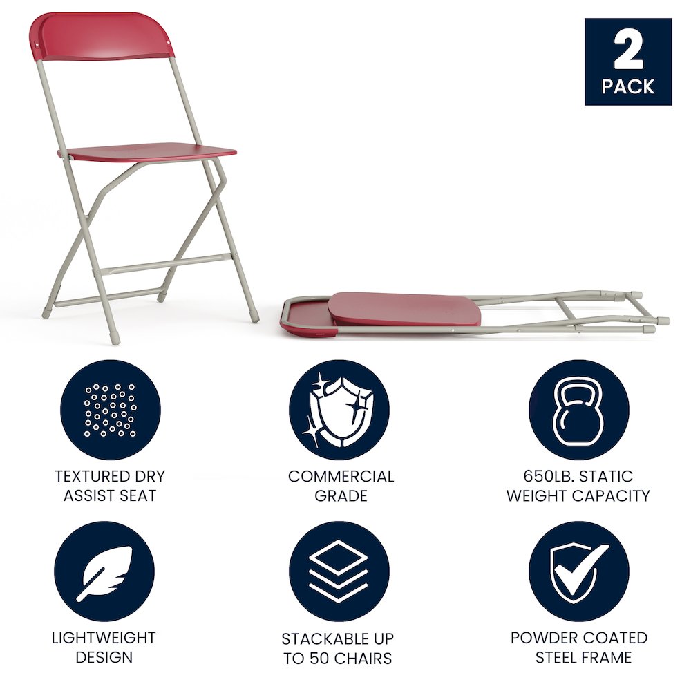 Set of 2 Commercial Grade Red Plastic Folding Chairs