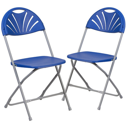 2 Pack HERCULES Series 650 lb. Capacity Blue Plastic Fan Back Folding Chair