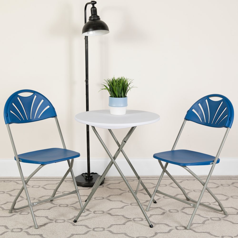 2 Pack HERCULES Series 650 lb. Capacity Blue Plastic Fan Back Folding Chair