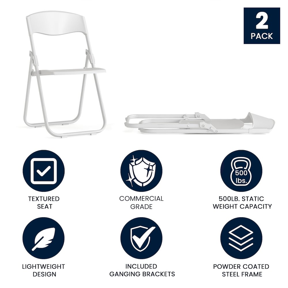 2 Pack 500 lb. Capacity Heavy Duty White Plastic Folding Chair