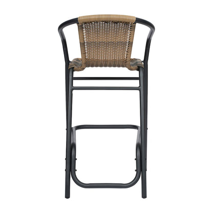 Set of 2 Rattan Restaurant Barstool with Black Aluminum Frame, Medium Brown