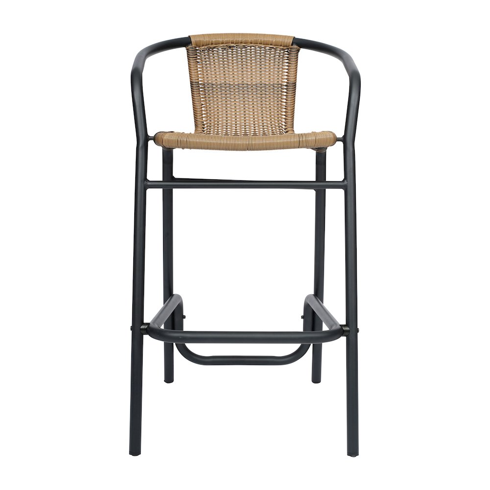 Set of 2 Rattan Restaurant Barstool with Black Aluminum Frame, Medium Brown