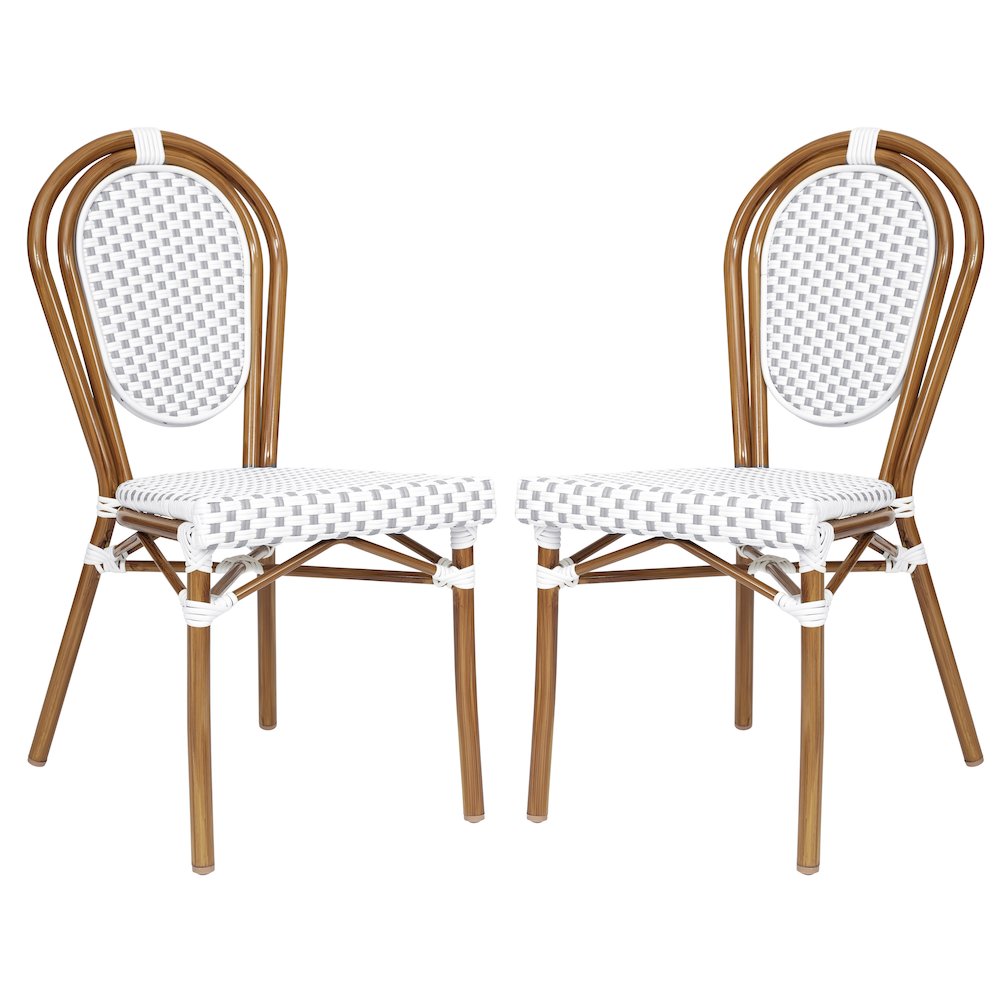 Set of 2 Classic Commercial Grade Bistro Chairs, White & Gray/Natural Frame