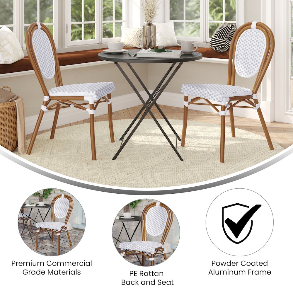 Set of 2 Classic Commercial Grade Bistro Chairs, White & Gray/Natural Frame