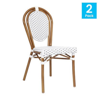 Set of 2 Classic Commercial Grade Bistro Chairs, White & Gray/Natural Frame