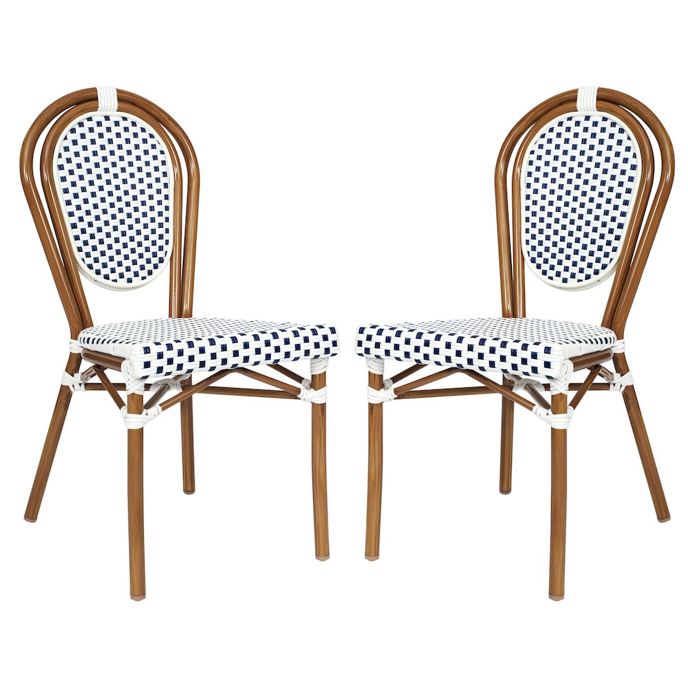 Set of 2 Classic Commercial Grade Bistro Chairs, White & Navy/Natural Frame