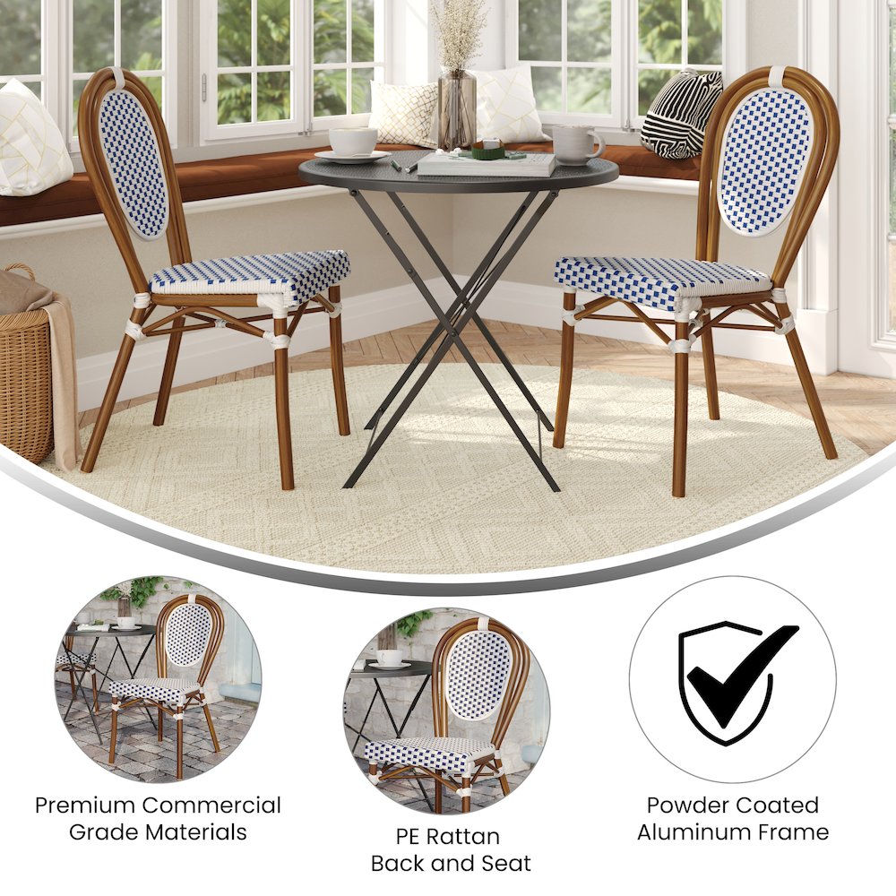 Set of 2 Classic Commercial Grade Bistro Chairs, White & Navy/Natural Frame