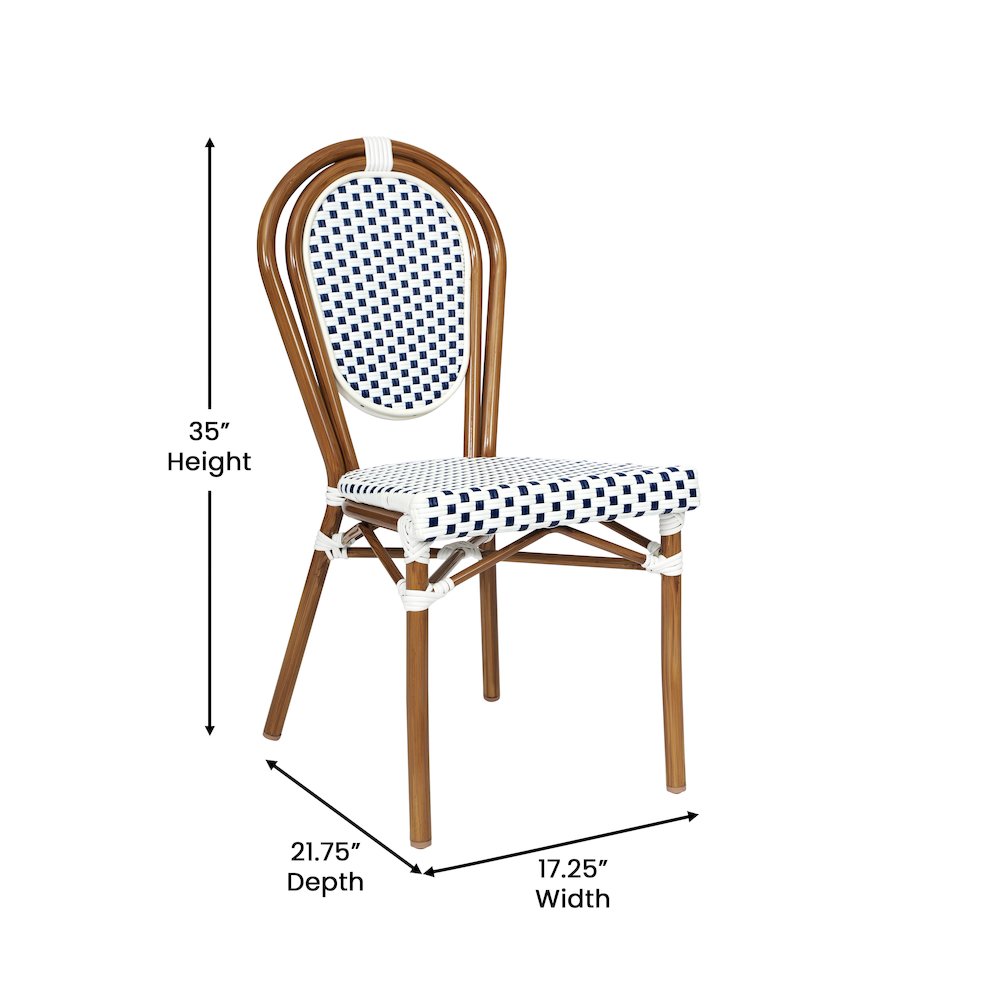 Set of 2 Classic Commercial Grade Bistro Chairs, White & Navy/Natural Frame