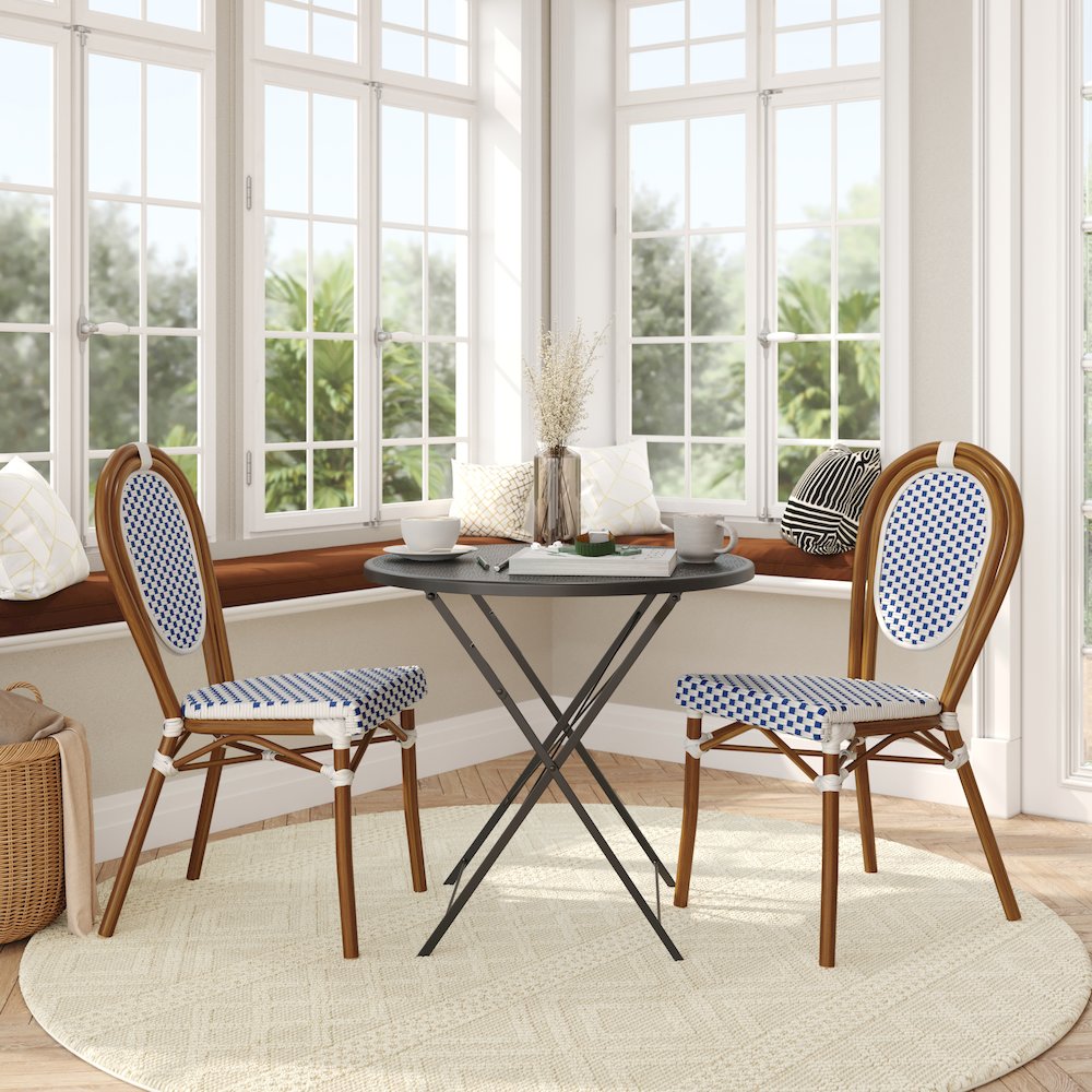 Set of 2 Classic Commercial Grade Bistro Chairs, White & Navy/Natural Frame