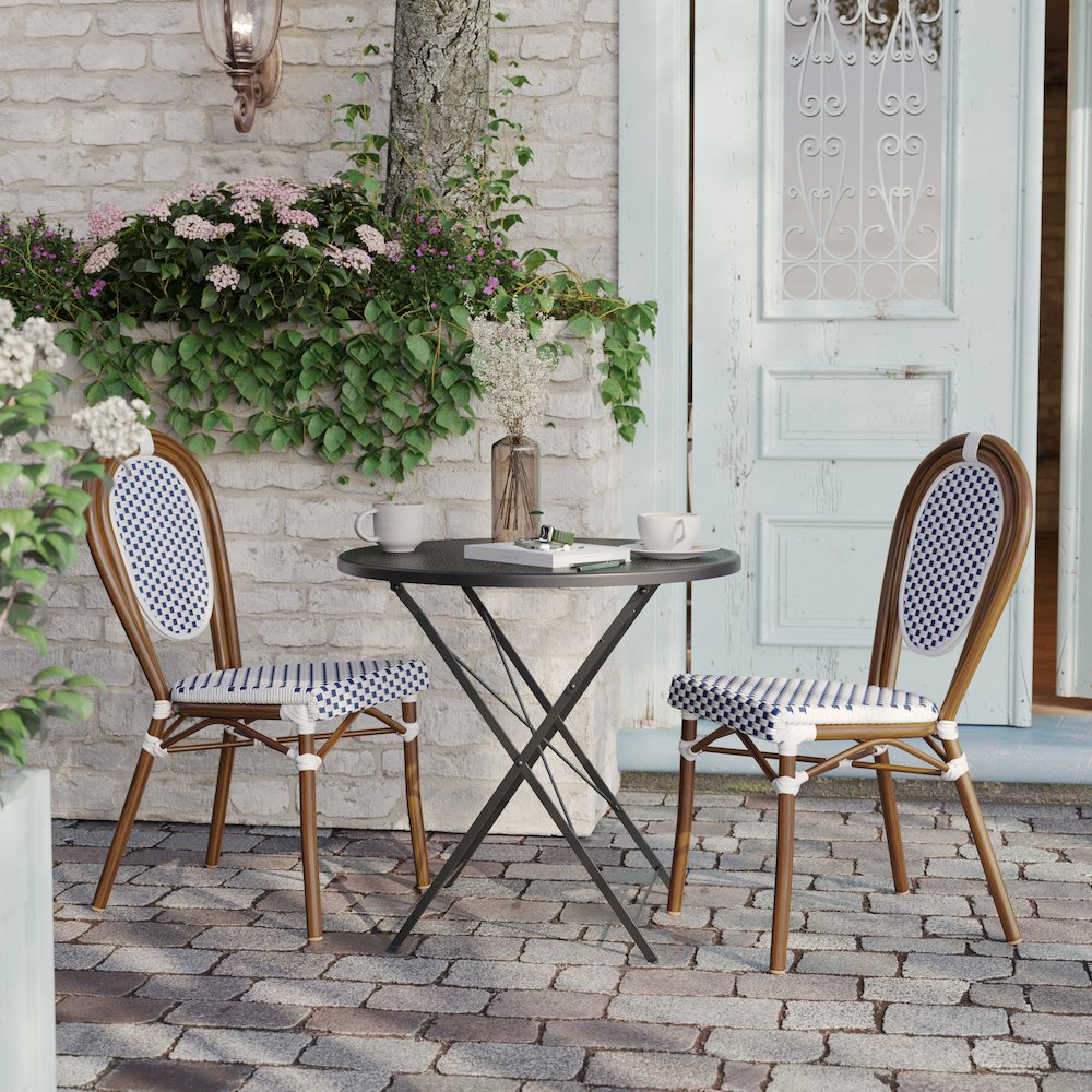 Set of 2 Classic Commercial Grade Bistro Chairs, White & Navy/Natural Frame