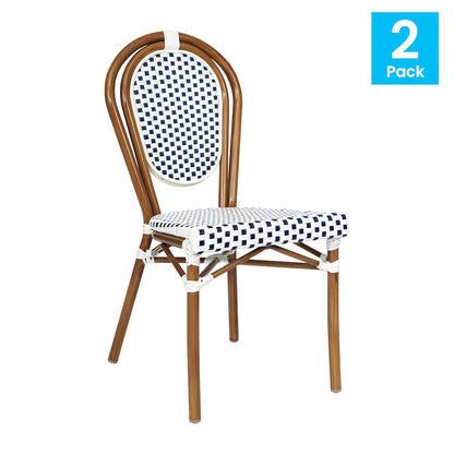 Set of 2 Classic Commercial Grade Bistro Chairs, White & Navy/Natural Frame