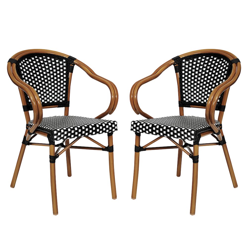 Set of 2 Classic Commercial Grade Bistro Chairs, Black & White/Natural Frame