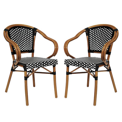 Set of 2 Classic Commercial Grade Bistro Chairs, Black & White/Natural Frame