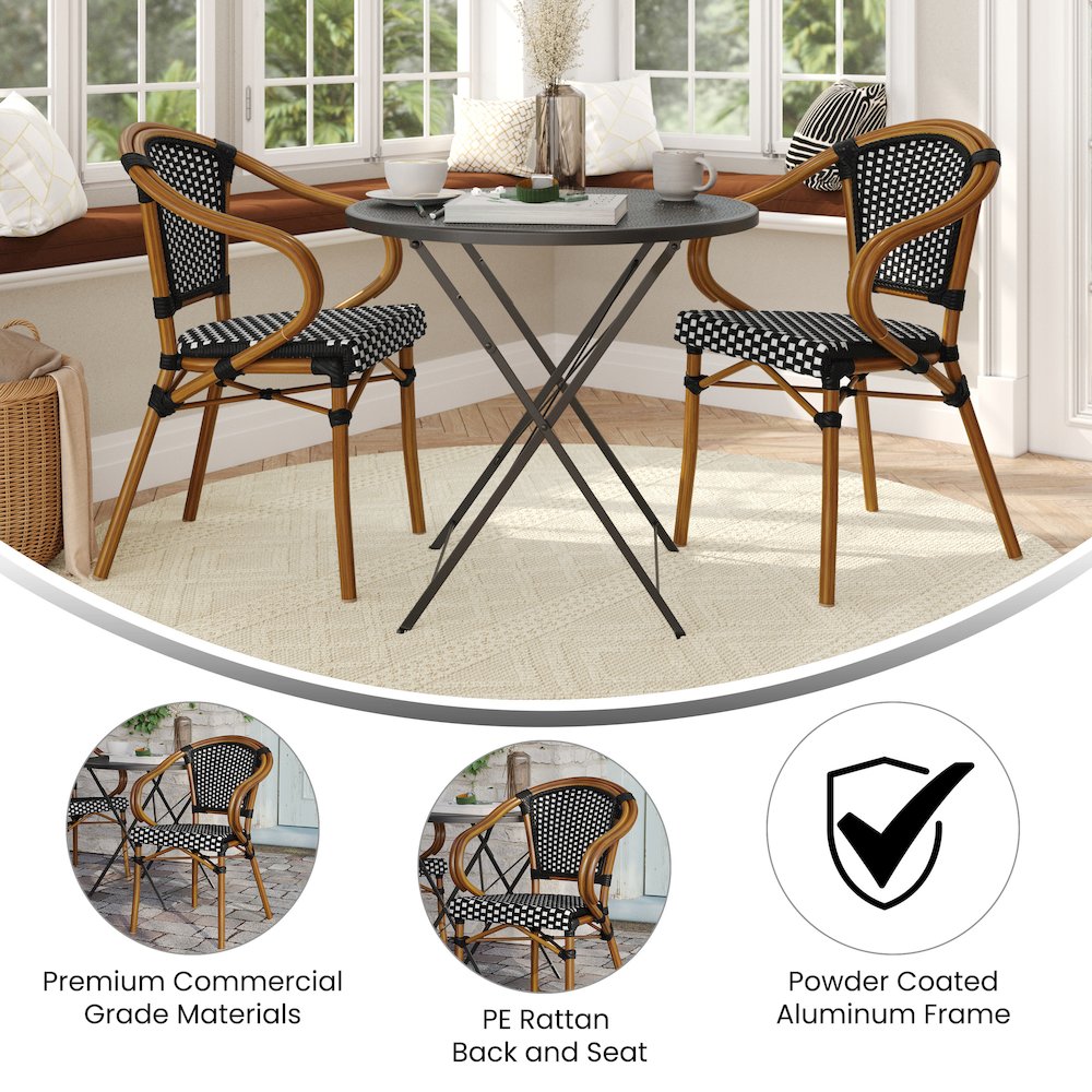 Set of 2 Classic Commercial Grade Bistro Chairs, Black & White/Natural Frame