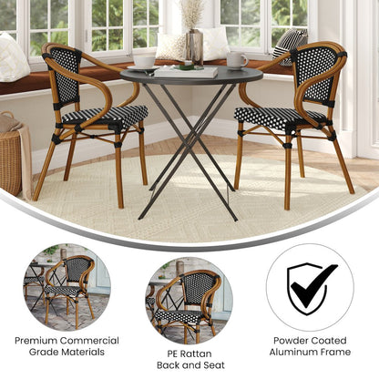 Set of 2 Classic Commercial Grade Bistro Chairs, Black & White/Natural Frame
