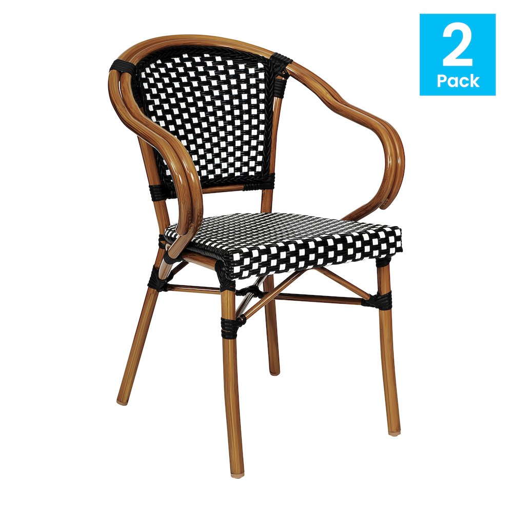 Set of 2 Classic Commercial Grade Bistro Chairs, Black & White/Natural Frame