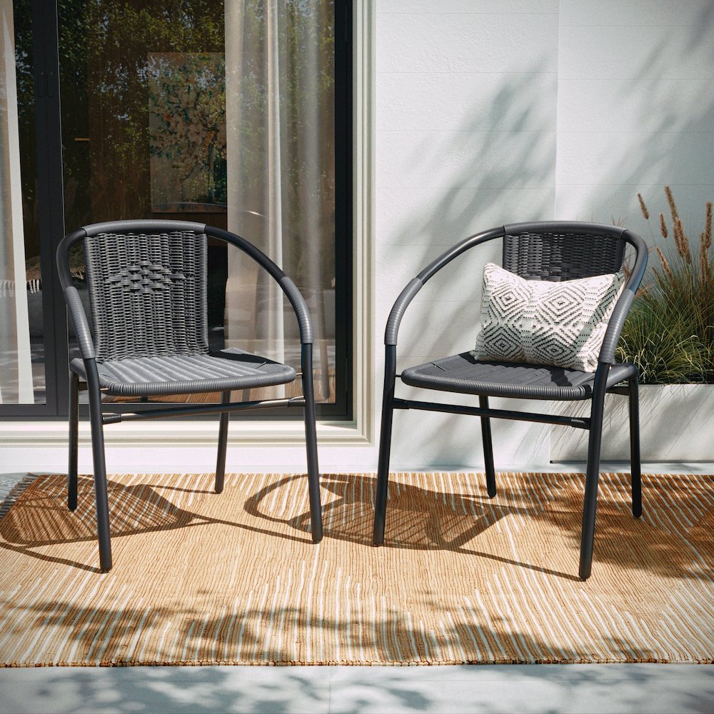 2 Pack Gray Rattan Indoor-Outdoor Restaurant Stack Chair