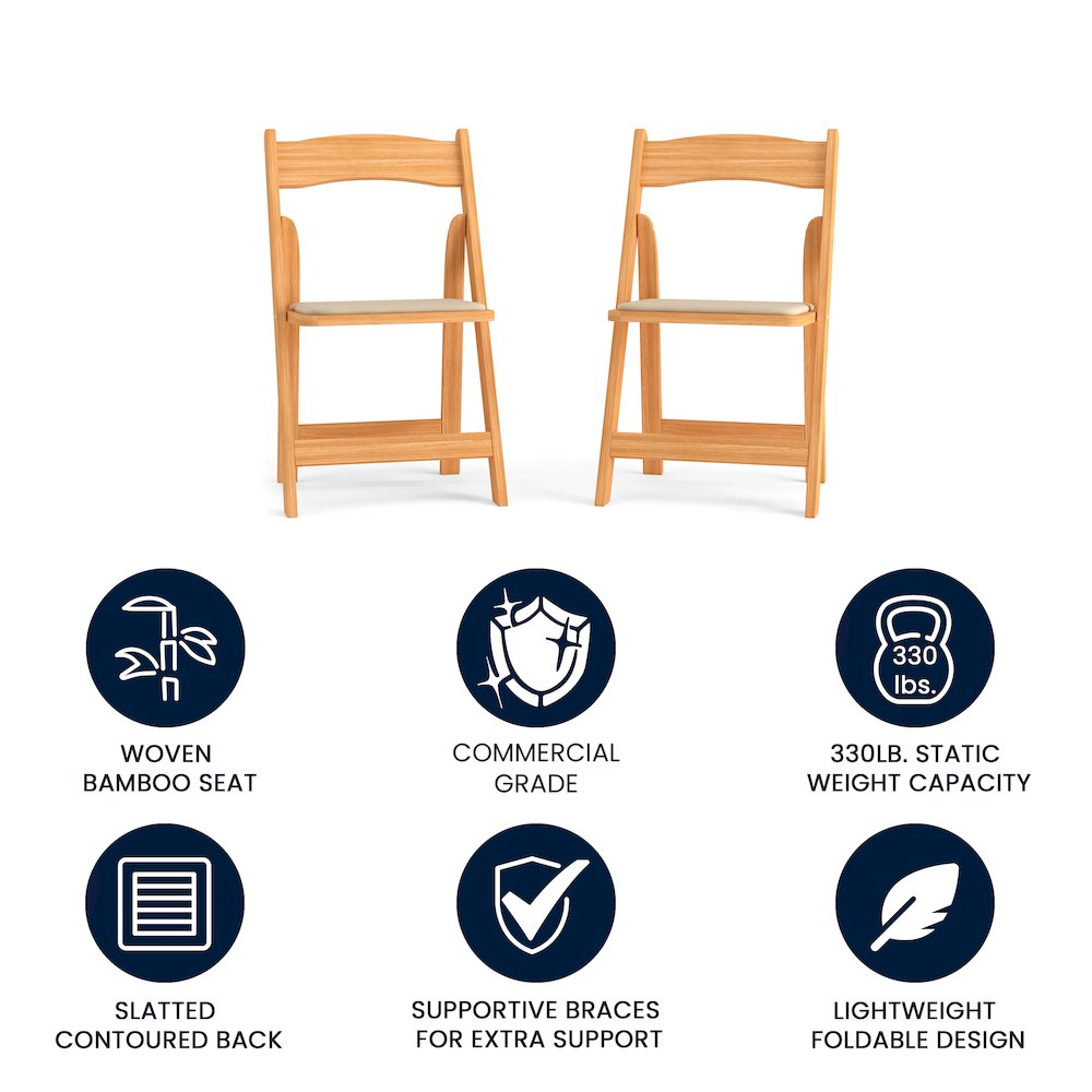 2 Pack HERCULES Series Natural Wood Folding Chair with Vinyl Padded Seat