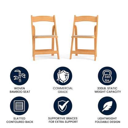 2 Pack HERCULES Series Natural Wood Folding Chair with Vinyl Padded Seat