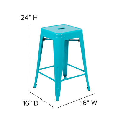 24" High Metal Counter-Height, Indoor Bar Stool in Teal - Stackable Set of 4