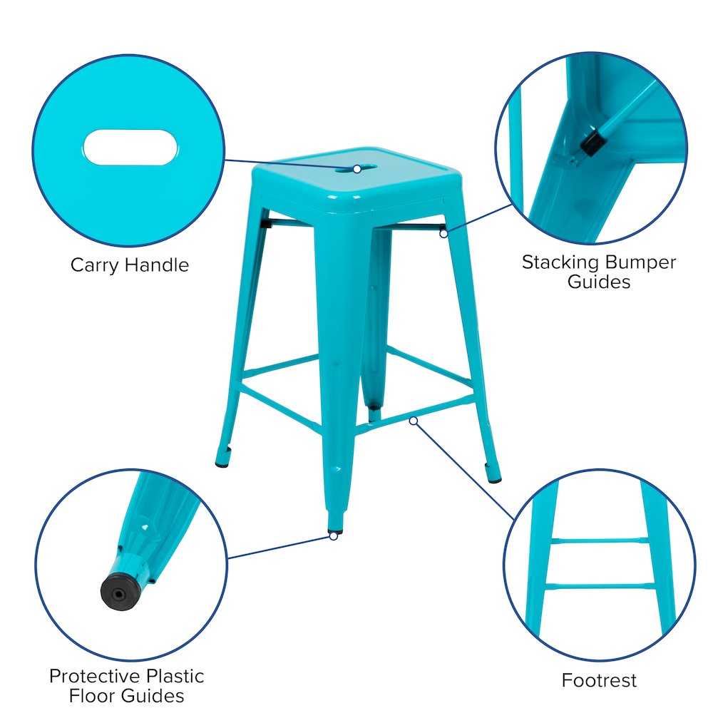 24" High Metal Counter-Height, Indoor Bar Stool in Teal - Stackable Set of 4