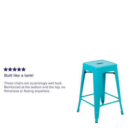 24" High Metal Counter-Height, Indoor Bar Stool in Teal - Stackable Set of 4