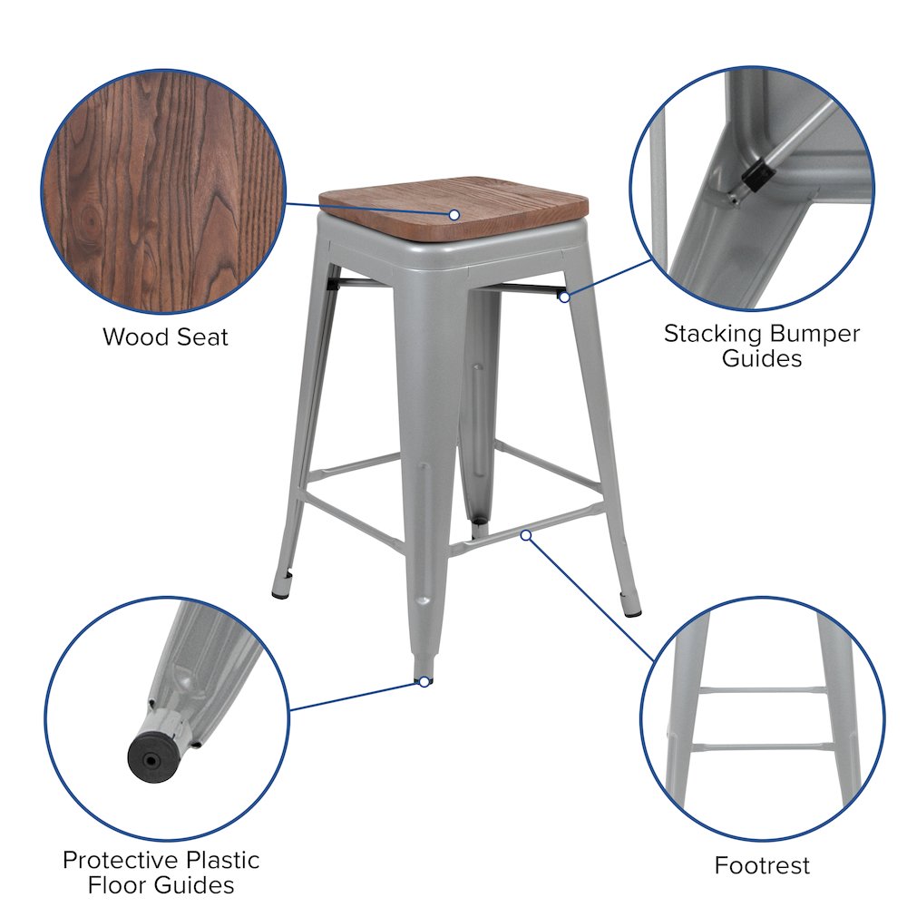 Set of 4 Modern Industrial Metal Stools  in Silver