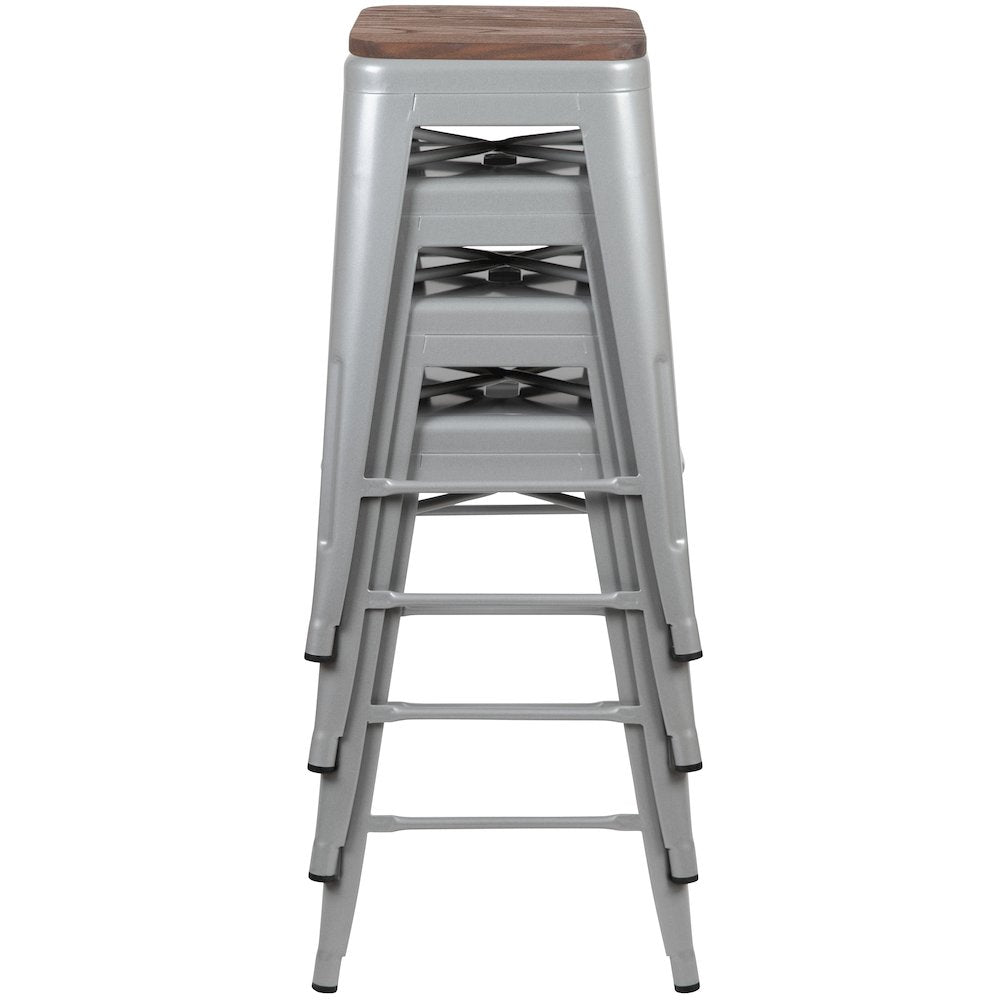 Set of 4 Modern Industrial Metal Stools  in Silver