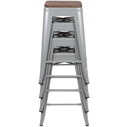 Set of 4 Modern Industrial Metal Stools  in Silver