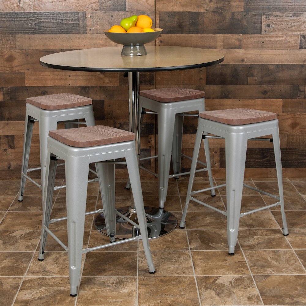 Set of 4 Modern Industrial Metal Stools  in Silver