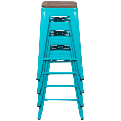 Set of 4 Modern Industrial Metal Stools  in Teal
