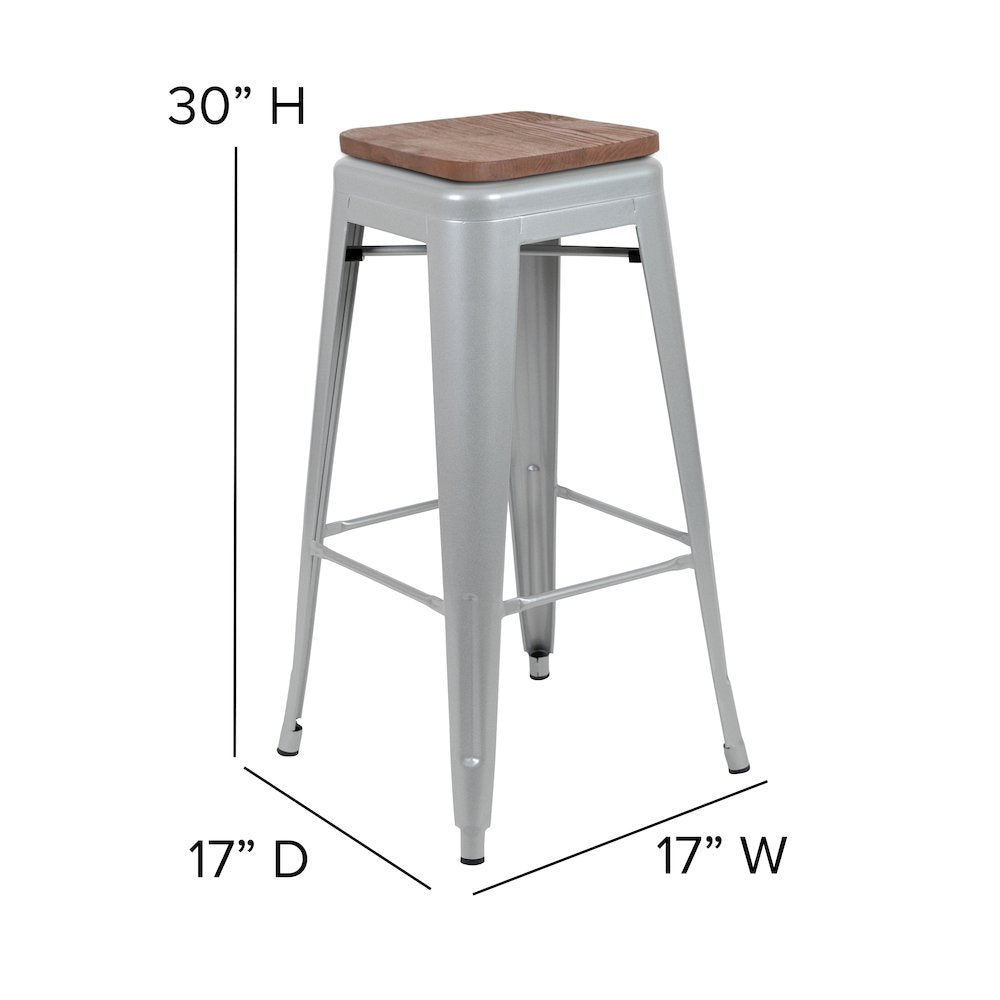 30" High Metal Indoor Bar Stool with Wood Seat in Silver - Stackable Set of 4