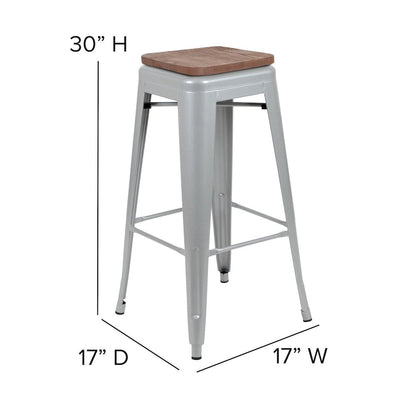 30" High Metal Indoor Bar Stool with Wood Seat in Silver - Stackable Set of 4