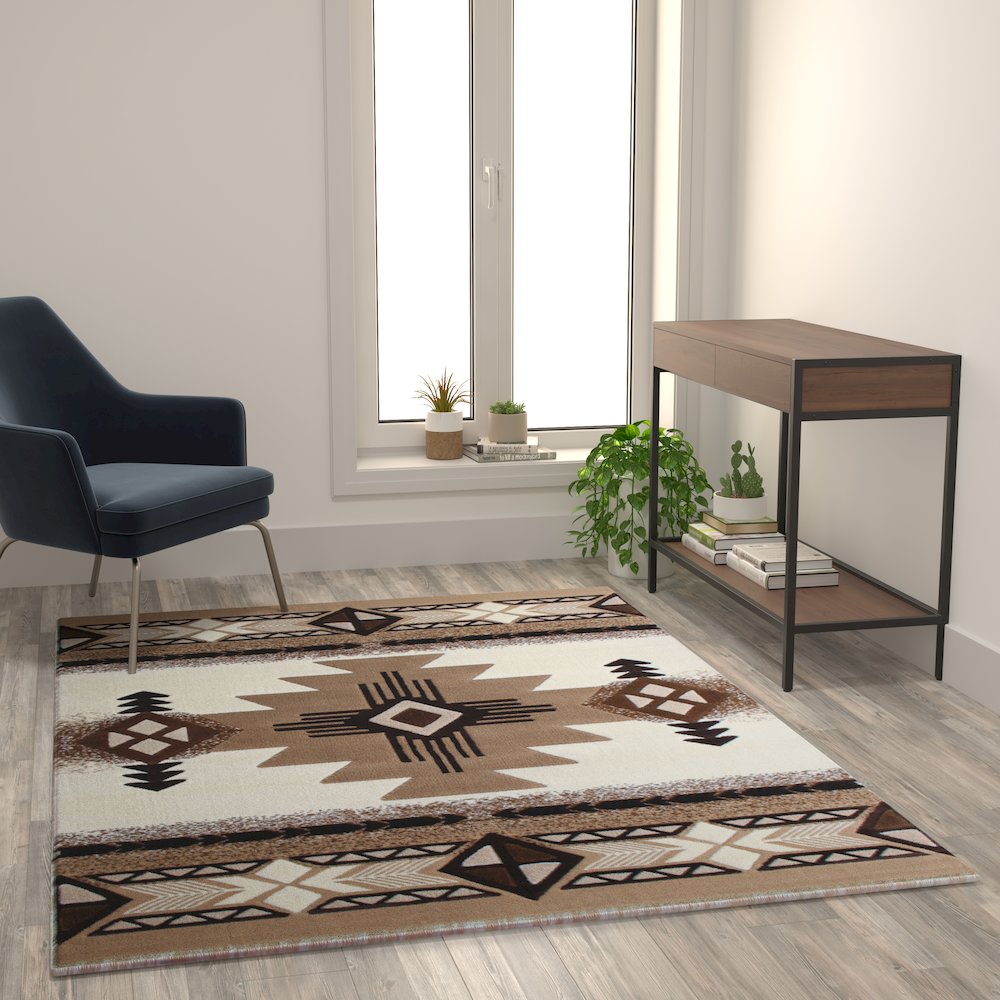 5' x 7' Ivory Traditional Southwestern Area Rug - Olefin Fibers
