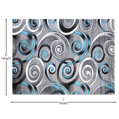 5' x 7' Turquoise Swirl Olefin Area Rug with Jute Backing