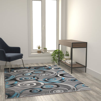 5' x 7' Turquoise Swirl Olefin Area Rug with Jute Backing