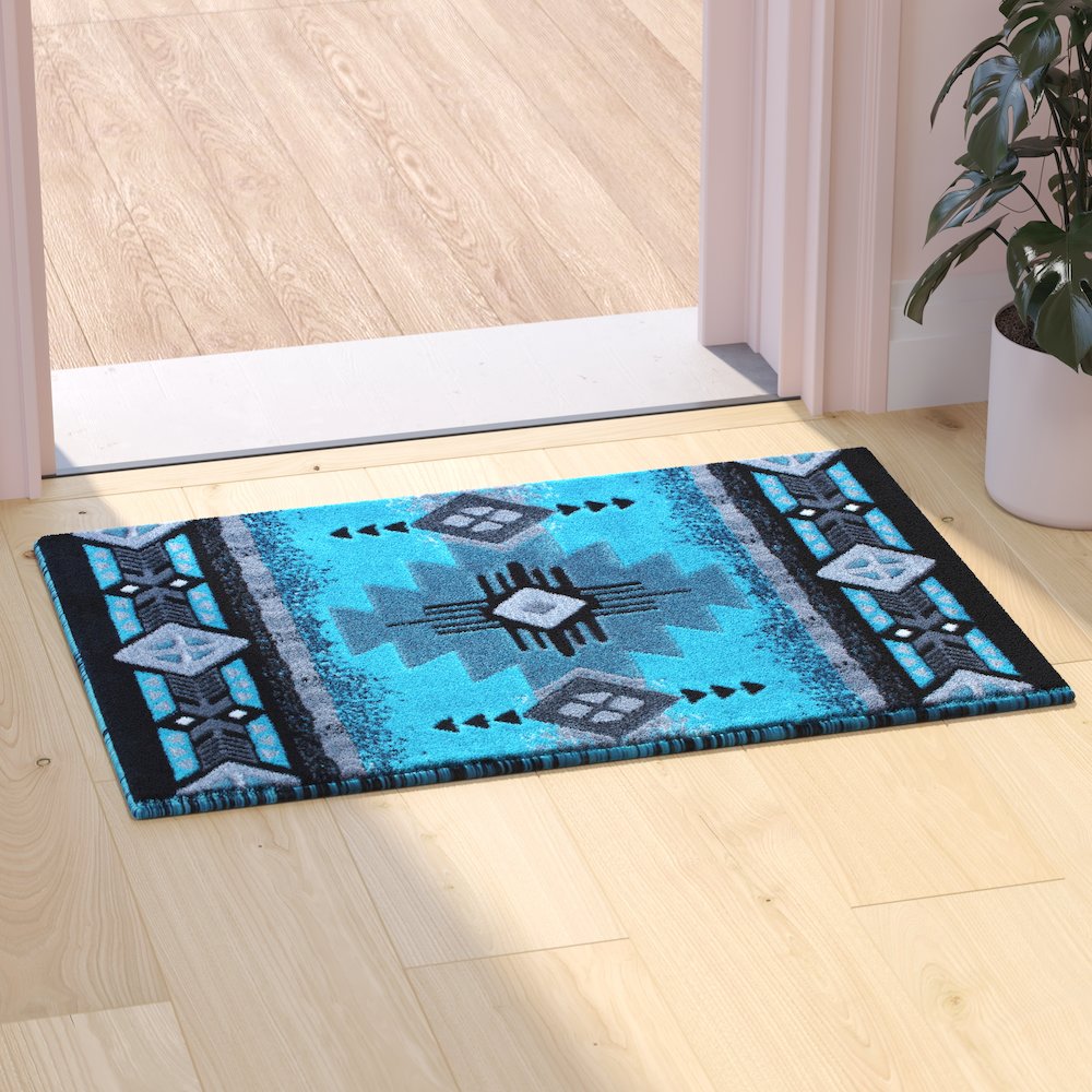 2' x 3' Turquoise Traditional Southwestern Area Rug - Olefin Fibers